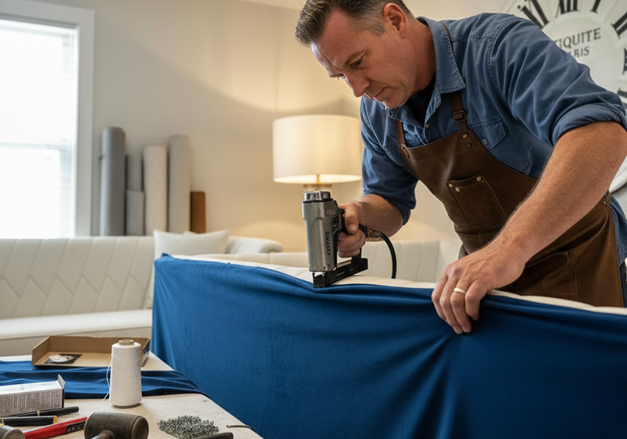 Expert craftsman doing furniture upholstery